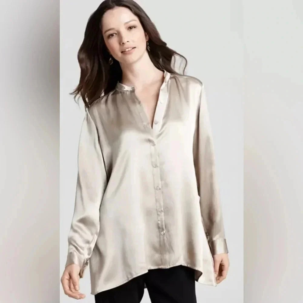 Eileen Fisher 100% Silk Mandarin Collar Boxy Shirt Sz S